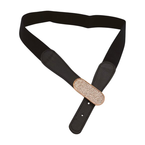 New Fun Women Black Stretch Waistband Fashion Belt Gold Oval Bling Buckle S M - Picture 15 of 17